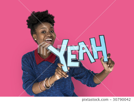 Smiling African Woman Holding Yeah Word 30790042