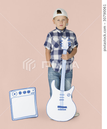 Portrait of a Little Blond Caucasian Boy with Guitar Isolated 30790061