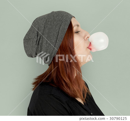 Woman Blowing Bubble Gum Playful Happiness 30790125
