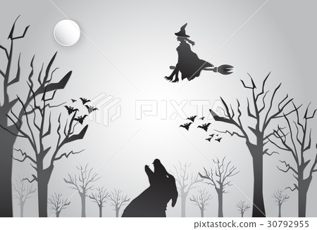 Young witch flying with wolf Halloween background 30792955