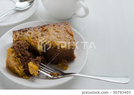 Caramel Peanut-Topped Brownie Cake and Cup of Tea. Caramel Peanut-Topped Brownie Cake and Cup of Tea. 30793403