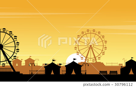 Silhouette of amusement park with orange sky Silhouette of amusement park with orange sky 30796112