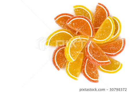 Orange and lemon jelly slices on white background Orange and lemon jelly slices on white background 30798372