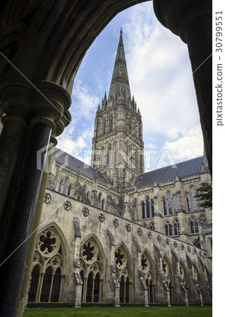 Salisbury cathedral framed by cloisters 30799551