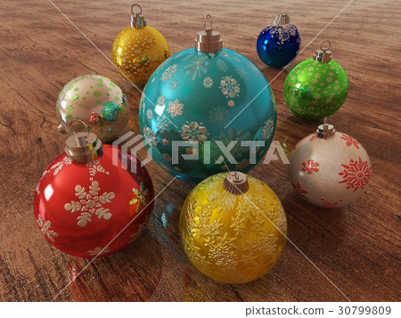 Cluster of multi-colour holiday decoration baubles 30799809