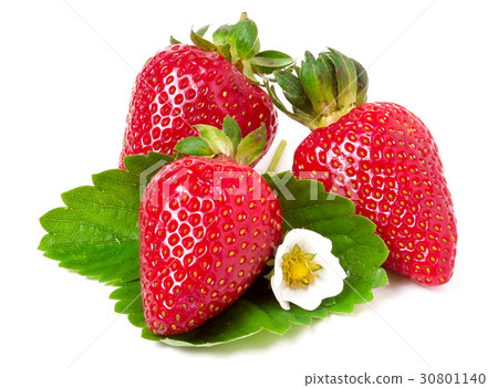 three strawberries with flower and leaves isolated 30801140