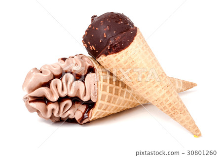 two cones of ice creams with chocolate isolated 30801260