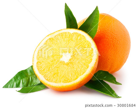 Whole and cut orange fruits over white background Whole and cut orange fruits over white background 30801684