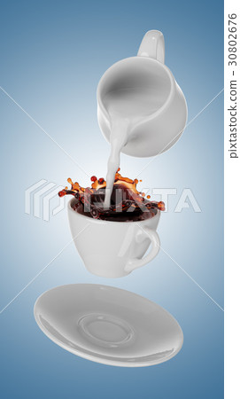 Milk being poured into small cup of coffee. 3d Milk being poured into small cup of coffee. 3d 30802676