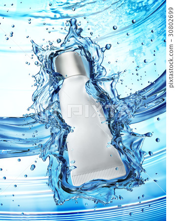 Cream bottle mock up in water splash on blue 30802699