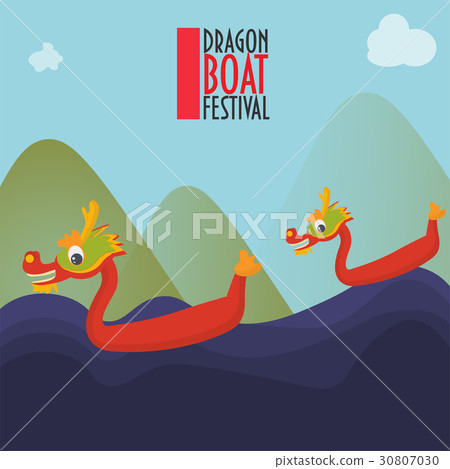 Duanwu racing festival promotion illustration: dragon boat surfing on waves made in a cartoon style. Duanwu racing festival promotion illustration: dragon boat surfing on waves made in a cartoon style. 30807030