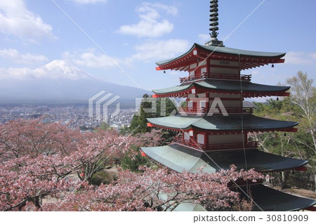 A view of the five-storied pagoda, Shodo tower and Mt. Fuji which is built in Shin-kurayama Asama Park of Fujiyoshida-shi 30810909