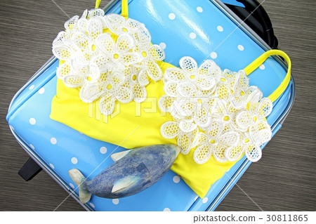 Summer time, Yellow Vintage Bikini on luggage. Summer time, Yellow Vintage Bikini on luggage. 30811865
