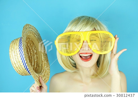 Blonde hair woman with Large funny glasses. Blonde hair woman with Large funny glasses. 30812437