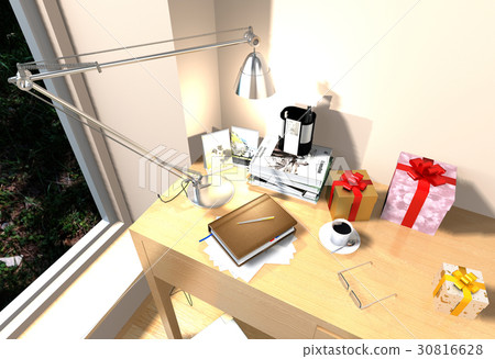 Pile of books and table lamp on wood table 30816628