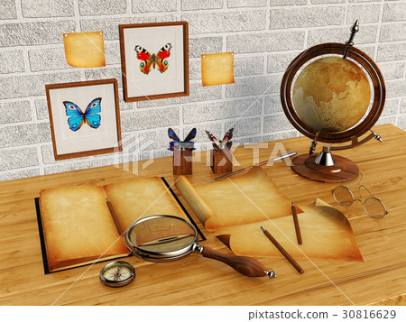 Study table with old book and old papers 30816629