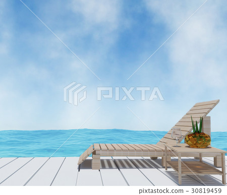 beach lounge interior with beach on seaview in 3D  30819459