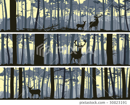 Horizontal banners of wild animals in wood. 30823191