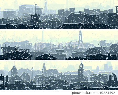 Horizontal banners of big snowy city. 30823192