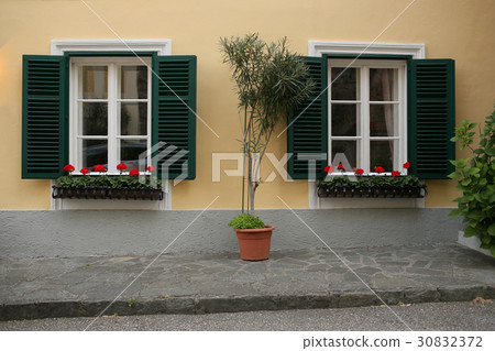a typical austrian window with green louvered 30832372