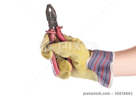 Pliers in a man's hand isolated on white 30836661