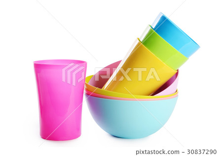Colorful plastic cups and plates 30837290