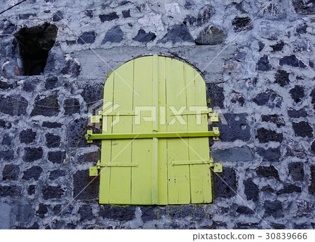Green wooden door with stone wall Green wooden door with stone wall 30839666
