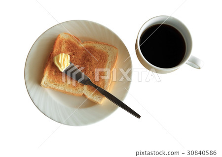 Breakfast, toast with butter and black coffee. Breakfast, toast with butter and black coffee. 30840586