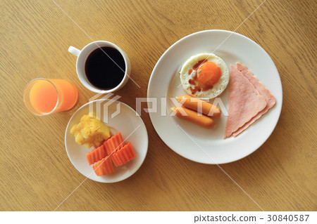Set of american breakfast, fried egg, ham, sausage Set of american breakfast, fried egg, ham, sausage 30840587