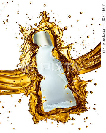 Cream bottle mock up in water splash of yellow 30843607