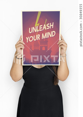 Woman holding network graphic overlay banner 30849355