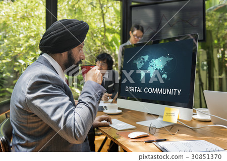 People connected to global communication online community by computer People connected to global communication online community by computer 30851370