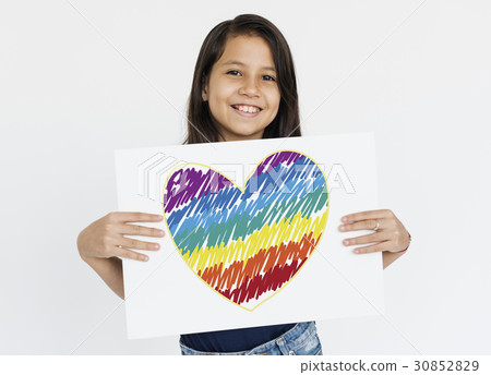 Woman holding placard with LGBT heart icon Woman holding placard with LGBT heart icon 30852829
