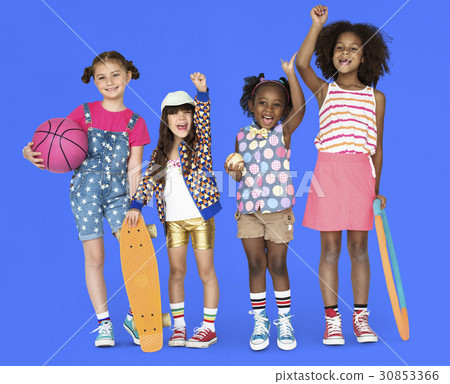 Children Girlfriends Smiling Happiness Friendship Togetherness Studio Portrait Children Girlfriends Smiling Happiness Friendship Togetherness Studio Portrait 30853366
