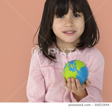 Little Girl Kid Adorable Cute Playful Globe Studio Portrait 30853444