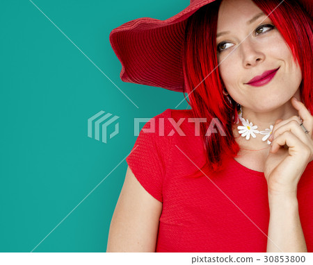 Caucasian Woman in a Red Dress Thinking of Something Caucasian Woman in a Red Dress Thinking of Something 30853800