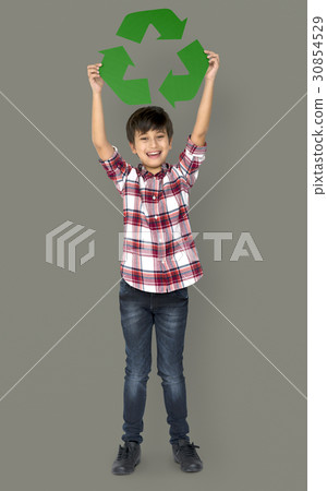 Little Boy Holding Recycle Symbol Studio Portrait Little Boy Holding Recycle Symbol Studio Portrait 30854529
