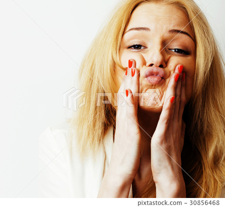 young blond woman on white backgroung gesture 30856468