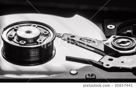 Close up view of a computer hard drive 30857441