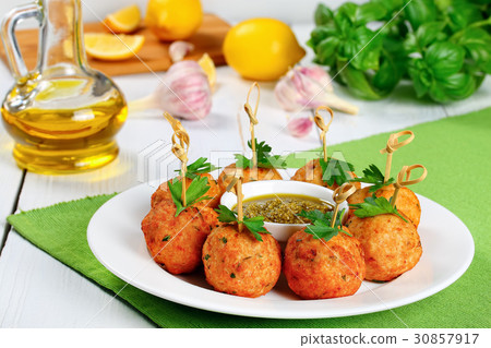 meatballs on skewers with sauce pesto meatballs on skewers with sauce pesto 30857917