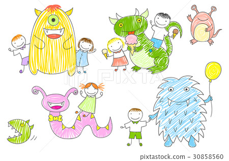 Vector sketches with children and cute monsters Vector sketches with children and cute monsters 30858560