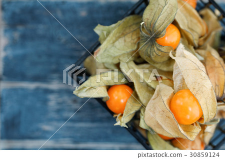 Top view on Physalis fruit in a black basket Top view on Physalis fruit in a black basket 30859124