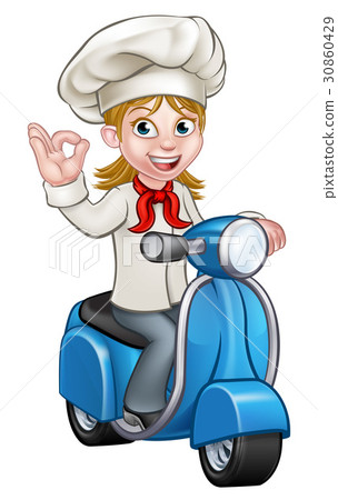 Woman Delivery Scooter Female Chef Woman Delivery Scooter Female Chef 30860429