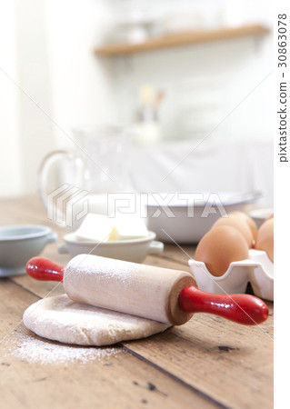 Dough, sticks, eggs, flour, butter, milk, balls 30863078