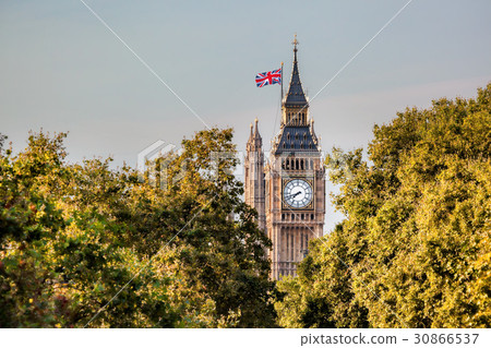 Big Ben clock against trees in London, England, UK 30866537