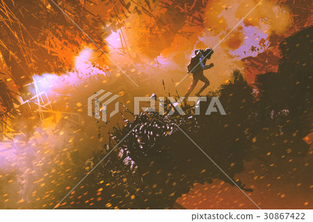 the hiker walking in the mountain the hiker walking in the mountain 30867422
