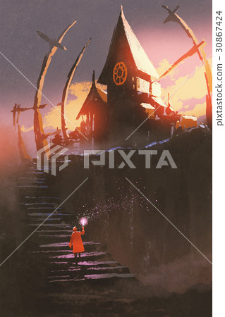 red girl climbing on stairs to the witch castle red girl climbing on stairs to the witch castle 30867424