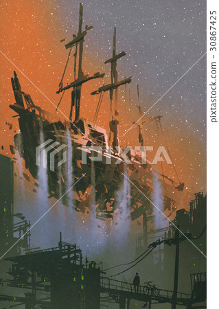 the wrecked pirate ship floating in the sky the wrecked pirate ship floating in the sky 30867425