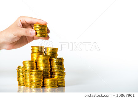 Lots of gold coins, white background Lots of gold coins, white background 30867901