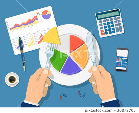 Businessman hands with knife and fork 30872703